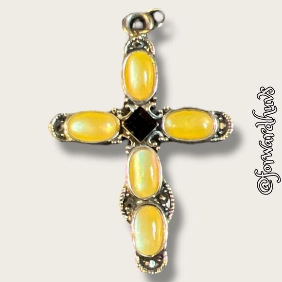 Bundle Sale 3 for $15 | Silver Tone Cross Pendant with Yellow and Black Stones - Picture 1 of 8